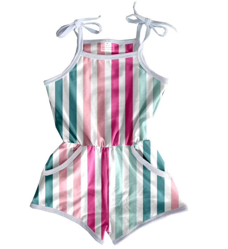 Pink Aqua Stripe Pocket Romper